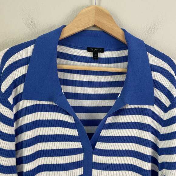 Talbots Plus 2X Ribbed Knit Johnny Collar Pullover Mariner Stripe Top Shirt - Picture 8 of 9